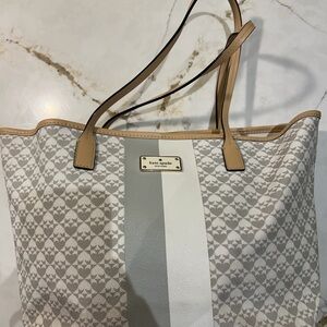 kate spade Cream and Tan Striped Tote with Gold Plaque